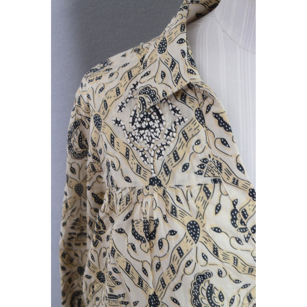 Maison Hotel Anne Shirt Large Cream Batik Beaded Cotton Boho Button Down Women